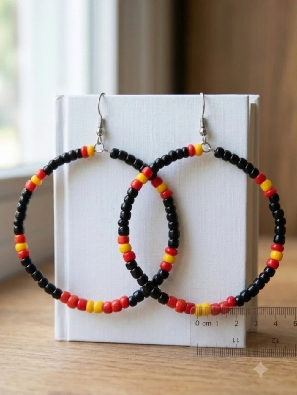 Bold Multi-Bead Hoop Earrings — Black, Red & Yellow